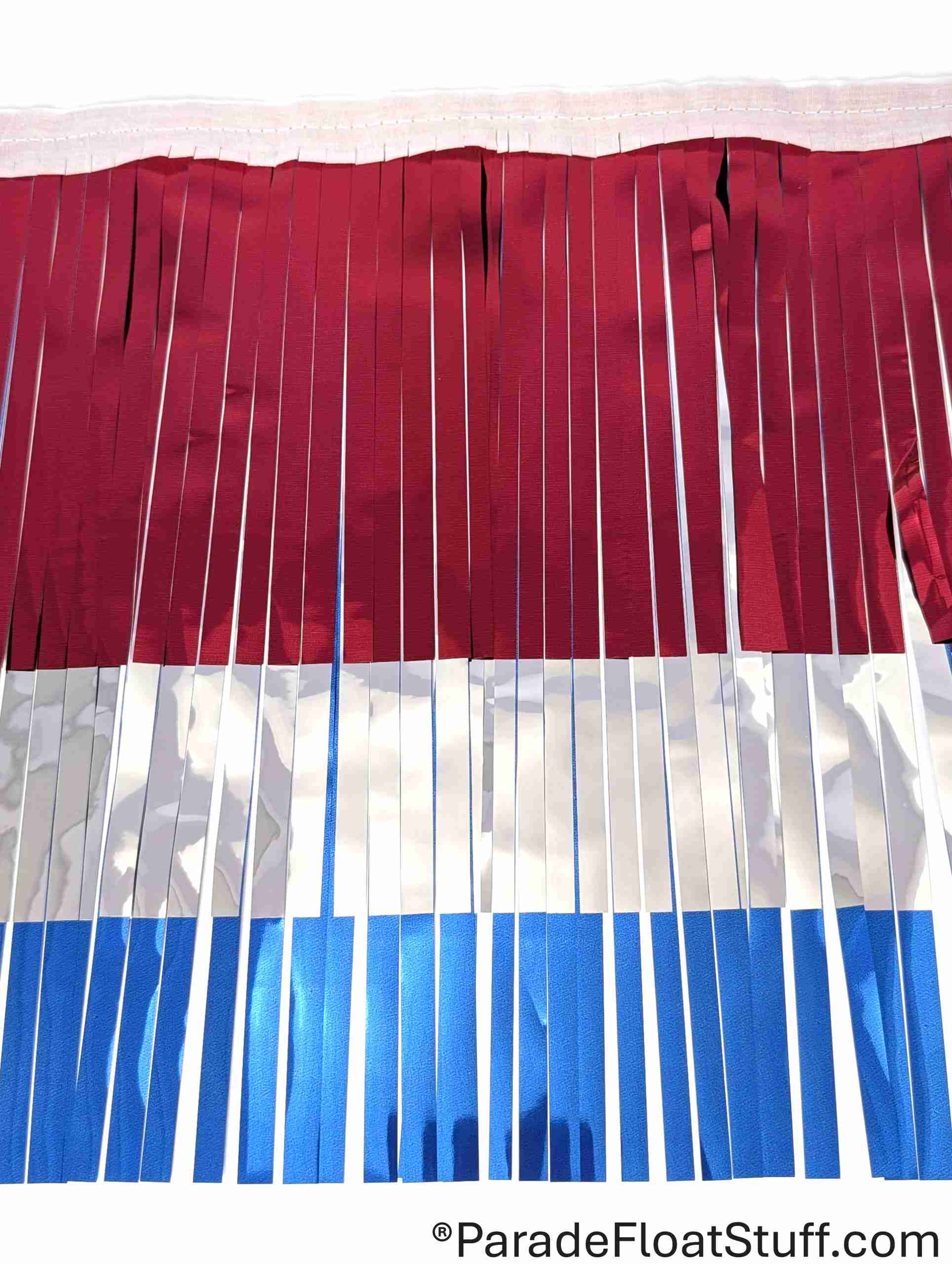 Red/Silver/Blue Metallic Fringe 14" drop X 10' 3-ply - Image 2